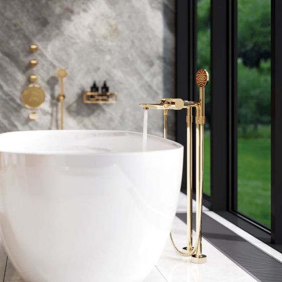 Jörger, Exal, modern, luxurious, bath, tub shower mixer, exclusive finish sunshine, surface, electroplated, gold plated, carat, 18, golden hue, sunny appearance, concealed, thermostat, valve modules, hand shower, sponge basket, Rexa, Hole