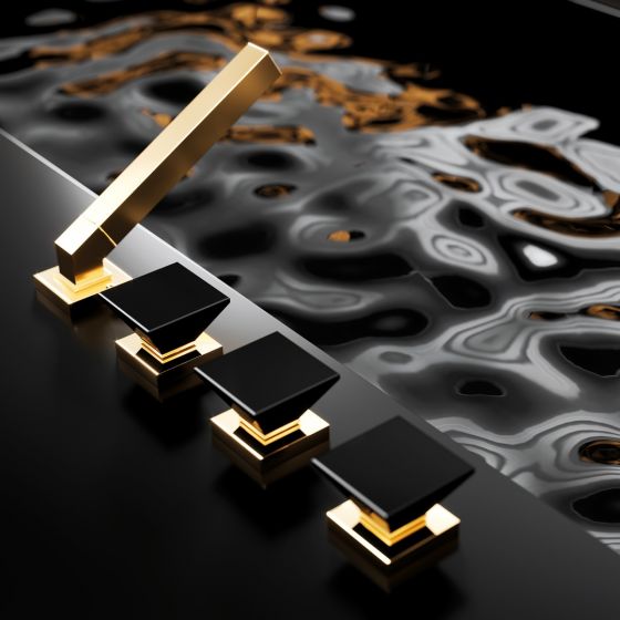 Jörger Design, Empire Royal Crystal, Designer Armatur, 4-Loch-Wannenarmatur in Edelmessing, schwarze Kristallgriffe