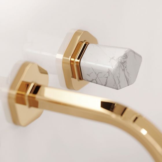 Jorger Design, Shado, настенный дизайнерский смеситель, пятигранник, позолоченная латунь, белая бирюза, элитная сантехника