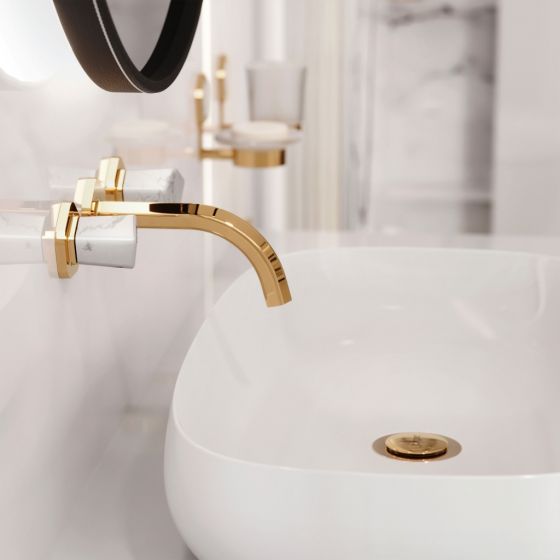 Jörger Design, Shado, настенный дизайнерский смеситель на 3 отверстия, позолоченная латунь, белая бирюза, премиум, люкс