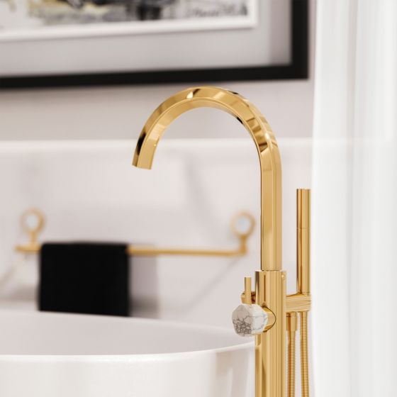 Jorger Design, Shado, напольный однорычажный смеситель для ванны, позолоченная латунь, ручка-пятигранник, белая бирюза, элитная сантехника