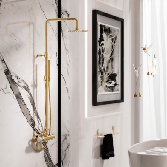 Jorger Design, Shado, душевой гарнитур, дизайнерская сантехника, позолоченная латунь, ручка-пятигранник, белая бирюза, элитная сантехника