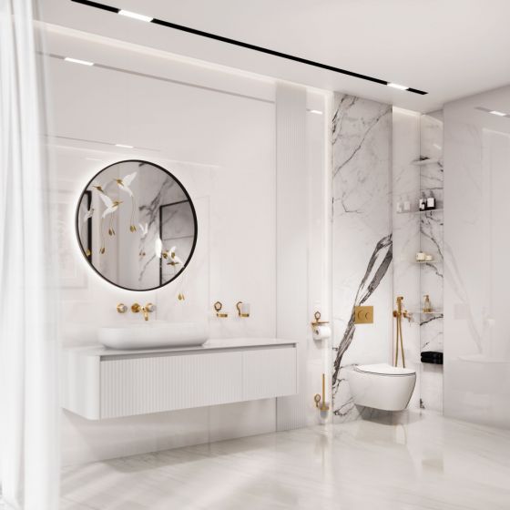 Jorger Design, Shado, элегантный интерьер ванной, настенный дизайнерский смеситель, позолоченная латунь, белая бирюза, элитная сантехника