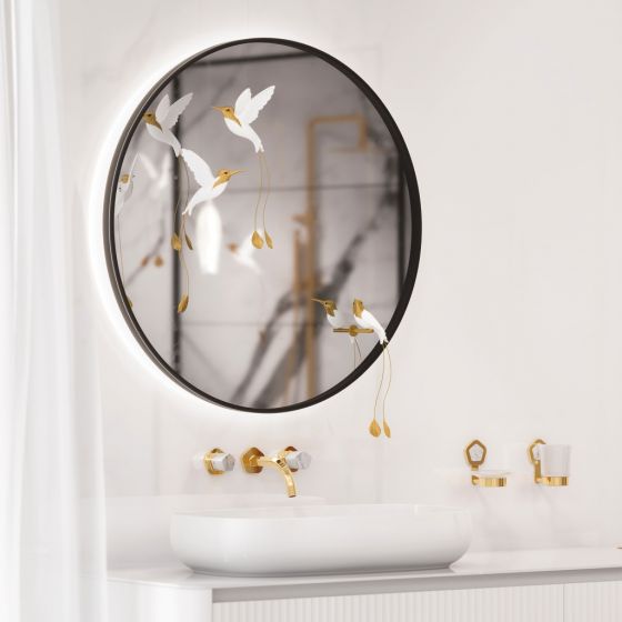 Jorger Design, Shado, тумба с раковиной и настенный дизайнерский смеситель Shado, позолоченная латунь, белая бирюза, элитная сантехника