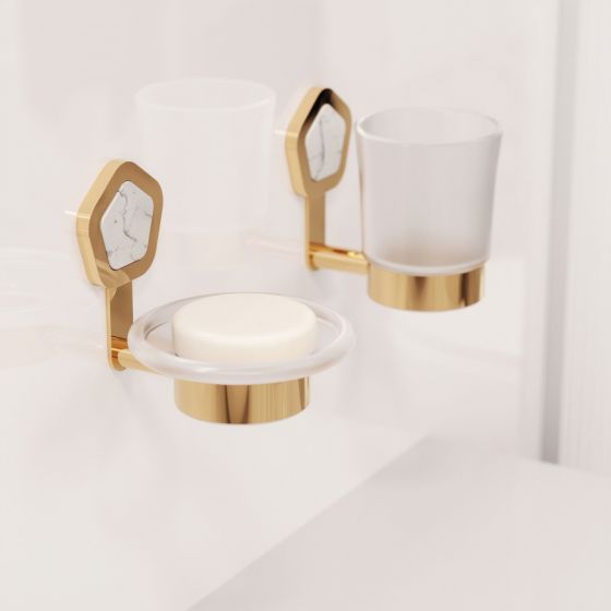 Jorger Design, Shado, настенные дизайнерские аксессуары для ванной, пятигранник, позолоченная латунь, белая бирюза, элитная сантехника