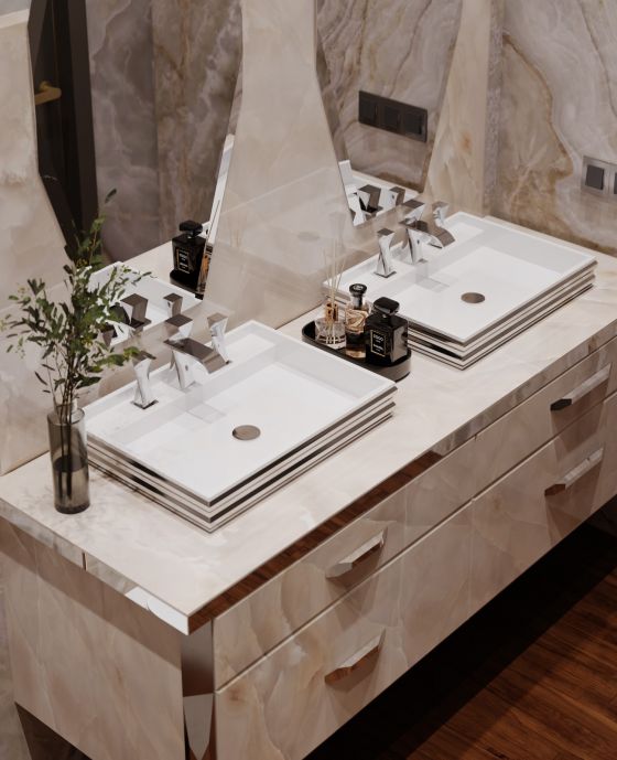 Jörger Design, Turn, дизайнерский смеситель на раковину, серебристый никель, дизайнер Андрей Силаев, раковина Mildue, тумба с раковиной, интерьер ванной, неоклассика