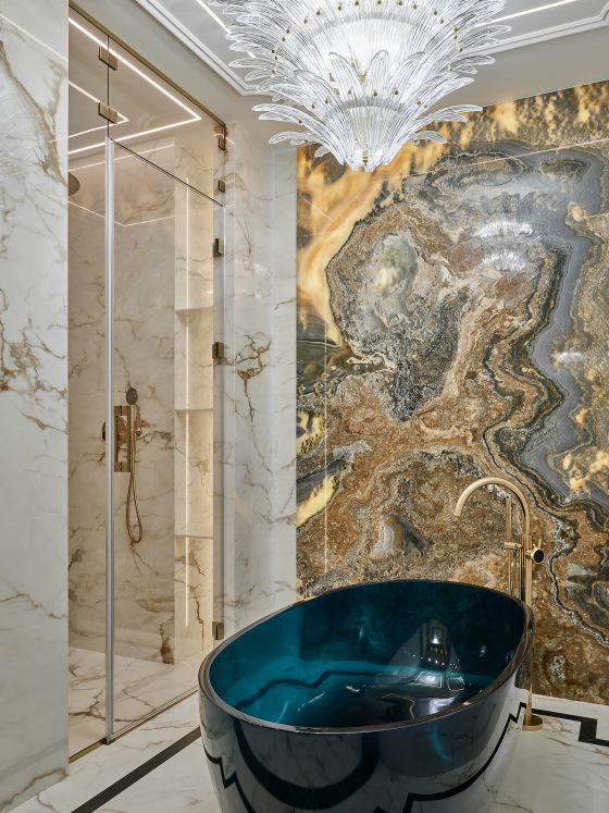Jörger Design, Valencia, однорычажный смеситель, напольный, латунь, интерьер ванной, ар-деко, Екатерина Горбунова, овальная ванна, стеклянная, Antonio Lupi, оникс, золото