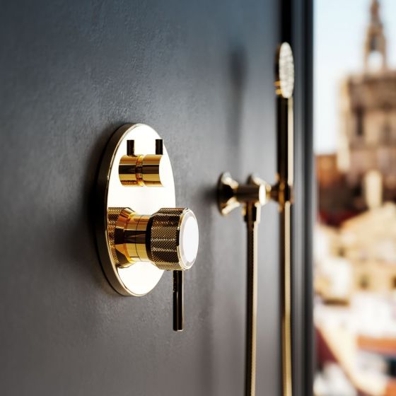 Jörger Design, Valencia, Designer Armature Edelmessing, Unterputz-Thermostat, Schmuckdesign mit weiss Kristall,