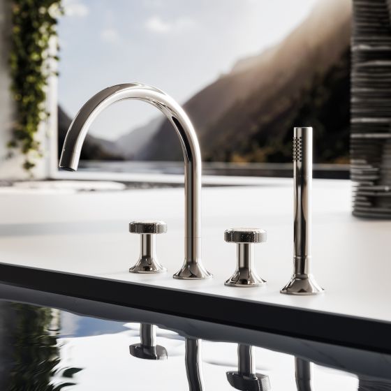 Jörger Design, spa, wellness, luxury, Valencia, platinum, white turquoise, exclusive, elegant, modern, four-hole, bath mixer, hand shower