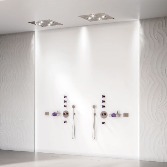 Jörger, Design, Valencia, Platin, Amethyst, violett, Luxus, Dusche, Spa, Wellness, Kopfbrause, Regen, Farbtherapie, Chromotherapie, Unterputz-Thermostat-Brausebatterie, joerger