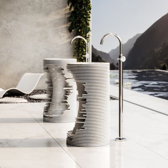 Jörger Design, spa, wellness, luxury, lifestyle, Valencia, platinum, white turquoise, natural stone, natural gemstone, exclusive, elegant, modern, luxurious, free standing, single-lever basin mixer, washbasin, Antonio Lupi, white marble, chaise longue, De