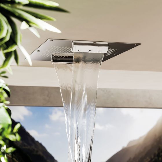 Jörger, Rain Heaven, Axor, Shower Heaven, rainfall shower head, made from polished stainless steel, ceiling mount, ultra-flat, large sized, XXL, waterfall, platinum, surface finish, luxury, shower system, concealed, spa, wellness, design, lifestyle