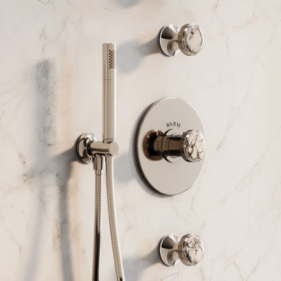 Jörger Design, spa, wellness, luxury, Valencia, platinum, white turquoise, exclusive, elegant, modern, shower, concealed thermostat, concealed valve modules, hand shower