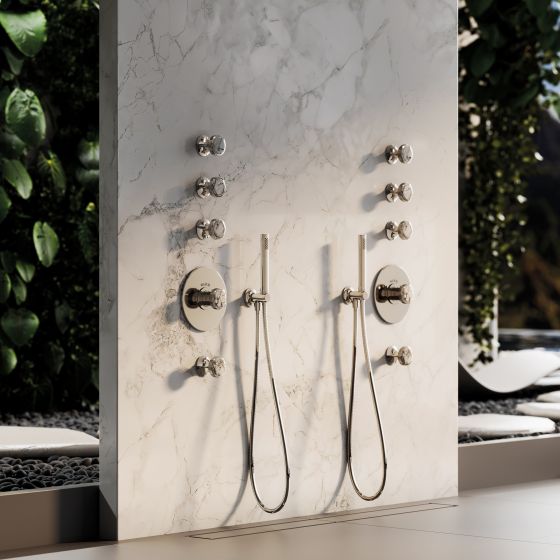 Jörger Design, spa, wellness, luxury, lifestyle, Valencia, platinum, white turquoise, natural stone, natural gemstone, exclusive, elegant, modern, luxurious, shower, concealed thermostat, concealed valve modules, hand shower