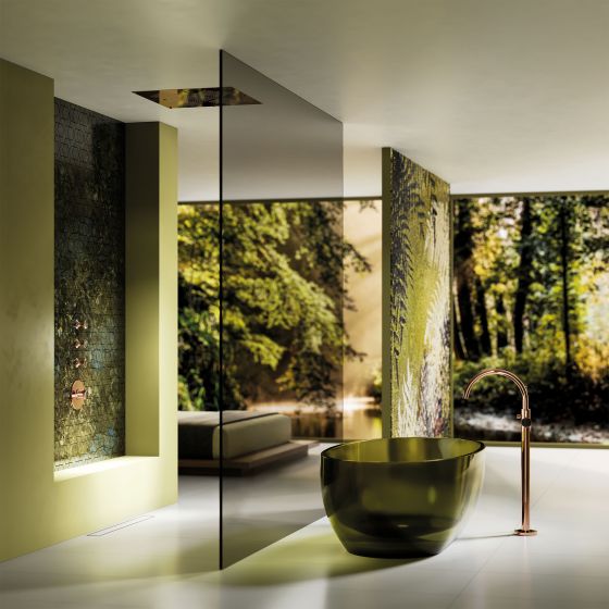 Jörger Design, emotional, Bad, en suite, Wellness, Luxus, Lifestyle, Valencia, Roségold, Labradorit, Schmuckedition, elegant, charmant, Unterputz-Thermostat, Ventil-Module, Handbrause, Regenbrause, Wanne, Einhebel-Mischer, frei stehend, Reflex, Lupi