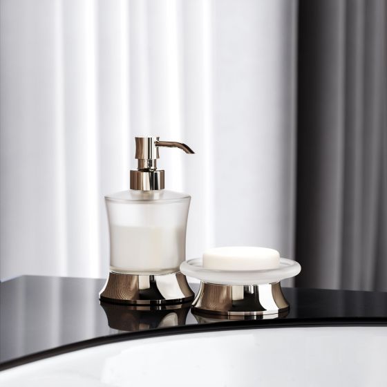 Jörger Design, sophisticated bathroom design, Valencia, polished nickel, Palissandro Blue, marble, natural stone, handle inlay, jewellery edition, accessoires, washbasin, soap holder, soap dish, lotion dispenser, crystal glass, satin finish