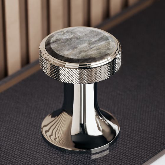 Jörger Design, sophisticated bathroom design, Valencia, polished nickel, Palissandro Blue, marble, natural stone, tap handle insert, jewelry fitting, industrial style, knurl with good grip, knurled knobwater feed, luxury