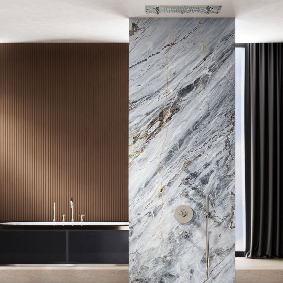 Jörger Design, sophisticated bathroom design, marble, art, Valencia, polished nickel, Palissandro Blue, jewelry design, shower, concealed thermostat, valve modules, hand shower, rain shower, wall, blue-gray marble, dynamic patterns