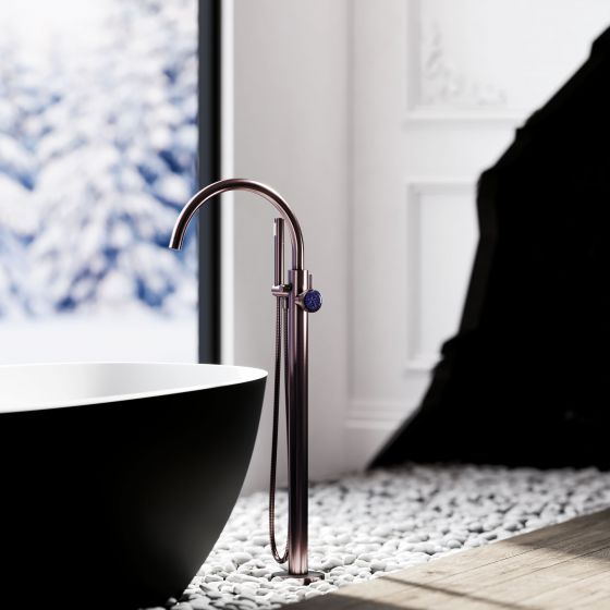 Jörger Design, Valencia, Nerz matt, Schmuckstein, Halbedelstein, blauer Aventurin, exklusiv, elegant, modern, luxuriös, frei stehend, Designarmatur, Einhand-Batterie, Badewanne, Vesuv, Vallone 