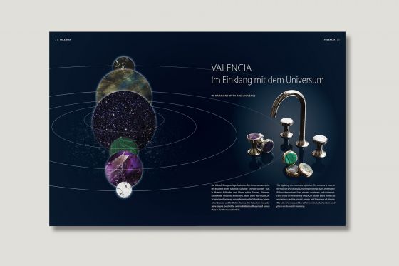 Jörger Design, bathroom, aesthetics, luxury, bathroom faucets, fittings, Valencia, jewellery edition, milestones, brochure, natural stones, gemstones, white turquoise, black marble, labradorite, blue aventurine, malachite, violet amethyst, surfaces