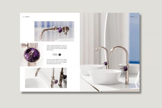 Jörger Design, bathroom, aesthetics, luxury, bathroom faucets, fittings, Valencia, platinum, violet amethyst, jewellery edition, milestones, brochure, natural stones, gemstones, finishes, unique, interior design, Duravit, White Tulip