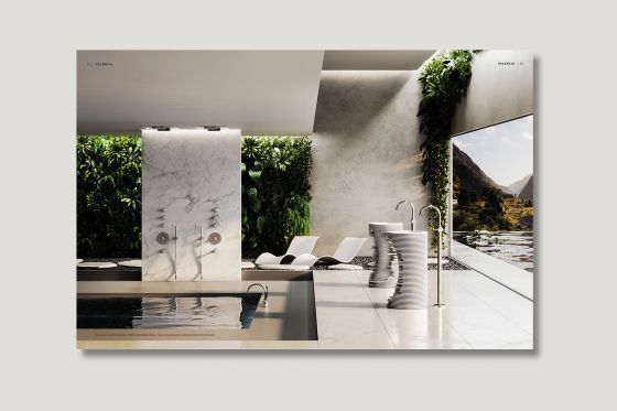 Jörger Design, bathroom, aesthetics, luxury, bathroom faucets, fittings, Valencia, platinum, white turquoise, jewellery edition, milestones, brochure, natural stones, gemstones, finishes, spa, wellness, Antonio Lupi, Introverso, Carrara marble