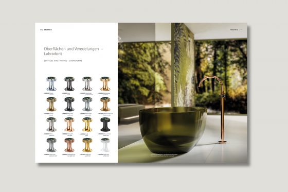 Jörger Design, bathroom, aesthetics, luxury, bathroom faucets, fittings, Valencia, rose gold, Labradorite, jewellery edition, milestones, brochure, natural stones, gemstones, surfaces, finishes, bathroom en suite, Antonio Lupi, Reflex, cristalmood