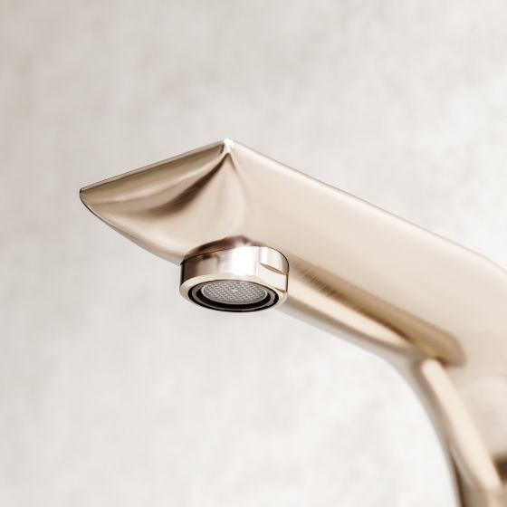  Exal, Jörger Design, clear, functional, design, single lever mixer, satin nickel, washbasin, close-up from below, detail view, bathroom, bathroom fittings and accessories series, bathroom collection