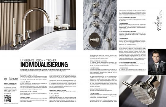 Oliver Jörger, Interview, exclusive Bauen und Wohnen, PDF, Doppelseite, exklusives Design, Individualisierung, Valencia, Bad, Armaturen, Accessoires, Fachmagazin, Österreich, Jubiläum, Frühjahr, Lifestyle, Interior Design