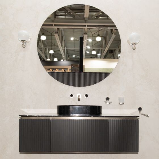 Jörger Design, Wandarmatur Shado, Badmoebel Oasis, kieselförmiger Marmorschale, schwarz Marmor, steingriffe, Designarmatur, Luxus, 