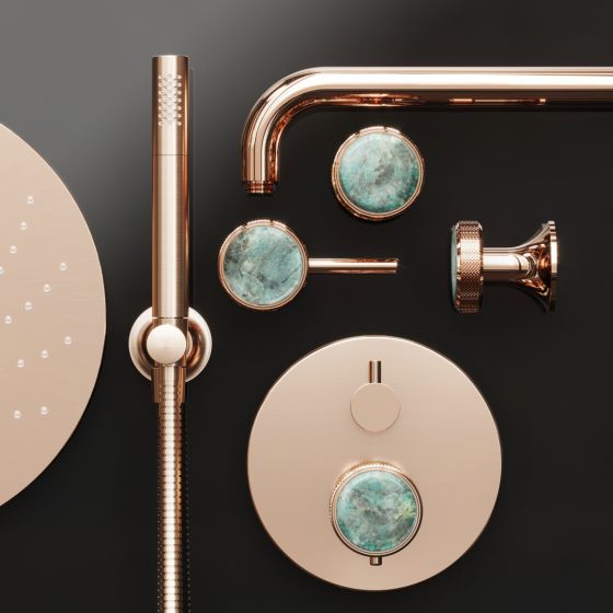 Jörger Design, Valencia Designarmature, rose gold, Duschsystem, Thermostat, Griffeinlage Edelstein Amazonit, Schmuckdesign, premium