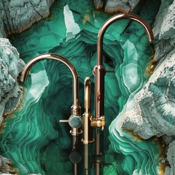 Jörger Design, einhebel mischer, Designarmatur Valencia, Waschtischarmatur Edelmessing, gold, rose gold, Naturstein Griffdekor, Amazonit, exclusiv dekor