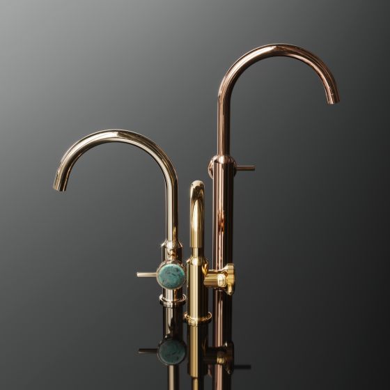 Jörger Design, einhebel Badarmatur, Designarmatur Valencia, Edelmessing, Ein-Hebelmischer in gold, Waschtischarmatur rose gold, Naturstein Griffdekor, Amazonit