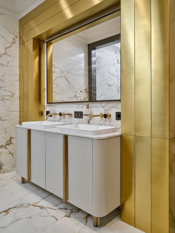 Jörger Design, Valencia, однорычажный смеситель, настенный, латунь, тумба на 2 раковины, mia italia, ар-деко, Екатерина Горбунова дизайнер, золото, люкс