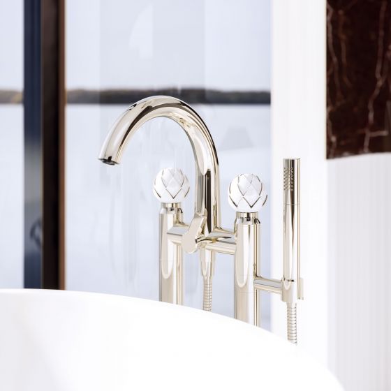 Jörger, Design, Belledor, freestanding bathtub fitting in silver-nickel finish, decorative white porcelain handles, decorated with a platinum rim