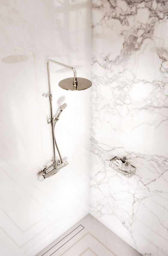 Jörger Design, Belledor, polished nickel, shower combination, sponge basket, accessories, mother-of-pearl, porcelain handles, Joerger