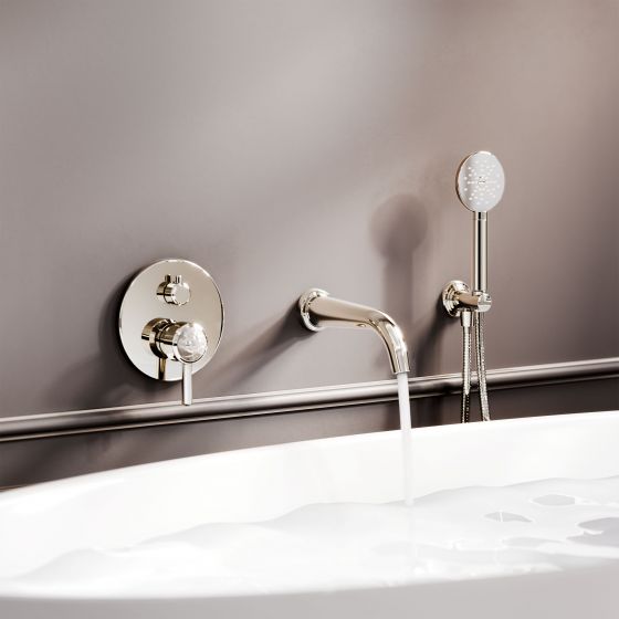 Jörger Design, Belledor, polished nickel, mother-of-pearl, porcelain handles, wall spout, shower combination, bathtub, Joerger