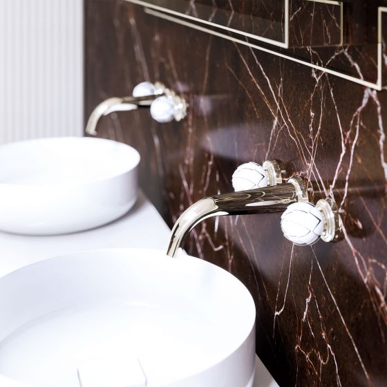 Jörger Design, Belledor, polished nickel, wall-mounted washbasin fitting, washbasin, porcelain handles, platinum painting, designer fittings, Joerger