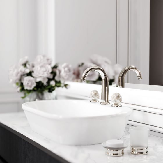 Jörger Design, Belledor, polished nickel, mother-of-pearl, porcelain handles, washbasin, fittings, mirror, Joerger