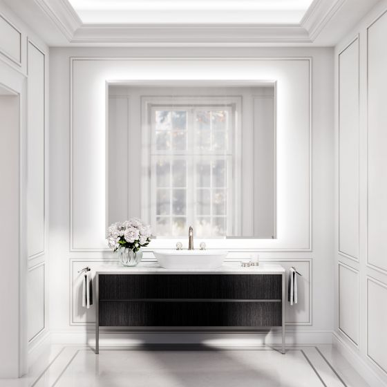 Jörger Design, Belledor, polished nickel, mother-of-pearl, porcelain handles, washbasin, fittings, window, daylight bathroom, Joerger