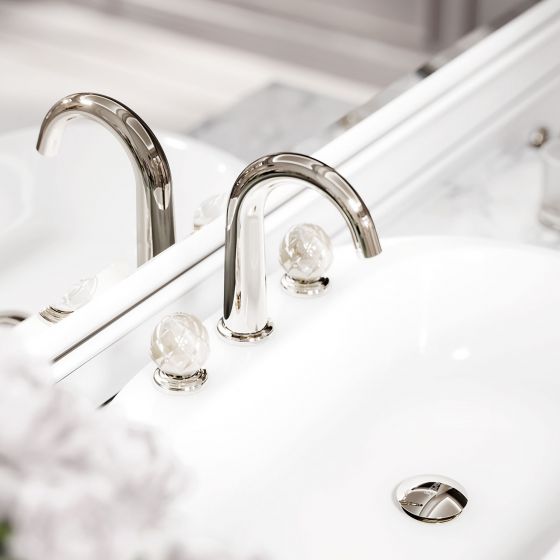 Jörger Design, Belledor, polished nickel, mother-of-pearl, porcelain handles, washbasin fittings, mirror, Joerger