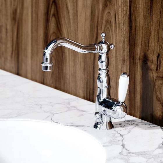 Jörger Design, Belledor, chrome, washbasin mixer, lever handles, white, wooden wall, Joerger