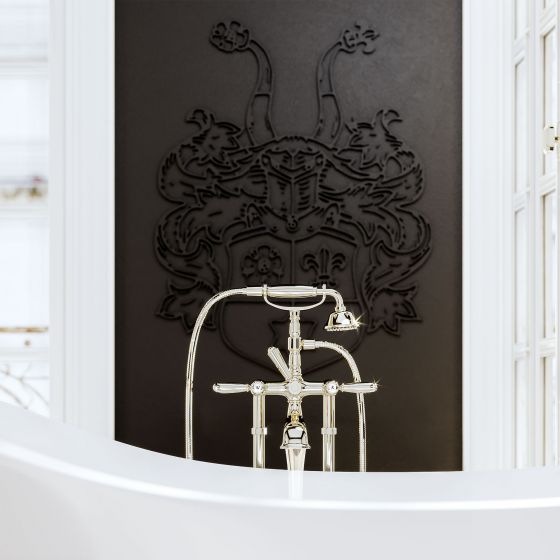 Jörger Design, Delphi, polished nickel, bathtub, free-standing, fitting, romanesque, shower set, Joerger