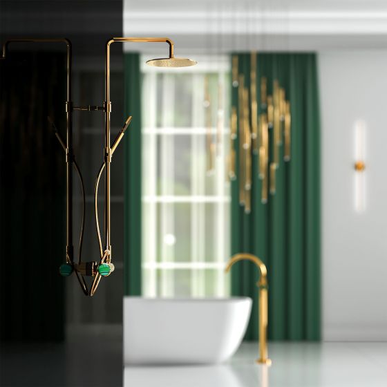 Jörger Design, Valencia, gold, bath tub, faucet, shower, shower set, bathroom, luxury bathroom, designer faucets, noble, elegant, Joerger, luxurious, tap handle, Malachite, gemstone, white tub