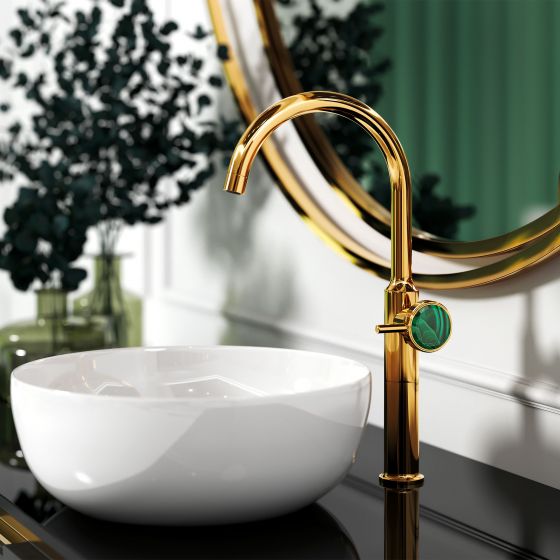 Jörger Design, Valencia, gold, washbasin, faucet, bathroom, luxury bathroom, designer faucets, classy, elegant, Joerger, luxurious, tap handle, Malachite, gemstone, black, bathroom furniture