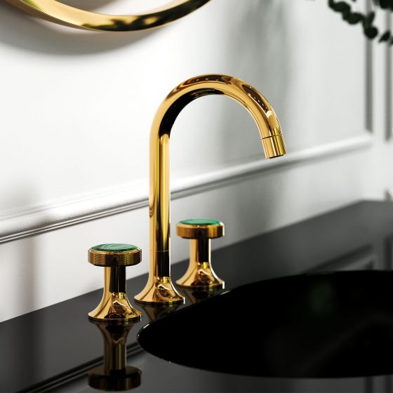 Jörger Design, Valencia, gold, washbasin, faucet, bathroom, luxury bathroom, designer faucets, classy, elegant, Joerger, luxurious, tap handle, Malachite, gemstone, black, bathroom furniture