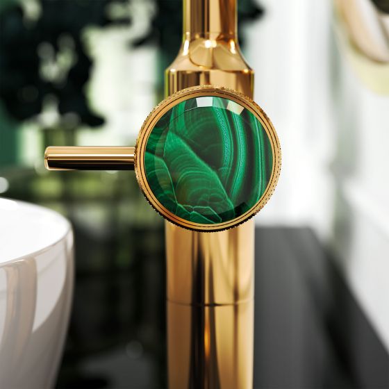 Jörger Design, Valencia, gold, washbasin, faucet, bathroom, luxury bathroom, designer faucets, classy, elegant, Joerger, luxurious, tap handle, Malachite, gemstone, black, bathroom furniture, white washbasin