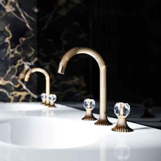 Jörger Design, Cronos Crystal, sunshine, crystal handles, washbasin faucet, 3-hole tap, clear crystal, washbasin, elegant, luxurious
