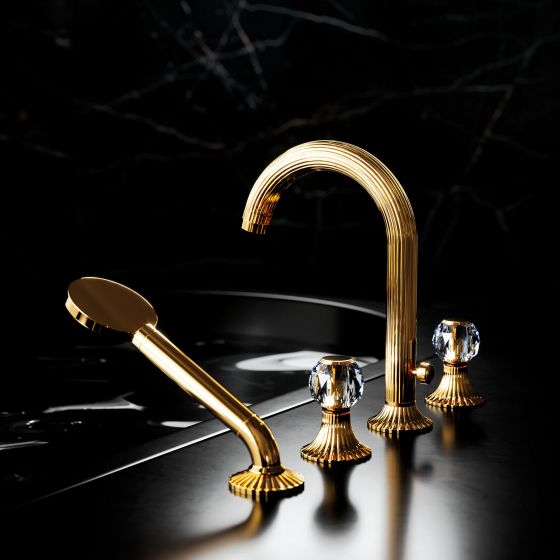 Jörger Design, Cronos Crystal, gold, crystal handles, bathtub faucet, tub, clear crystals, designer faucets, elegant, classic