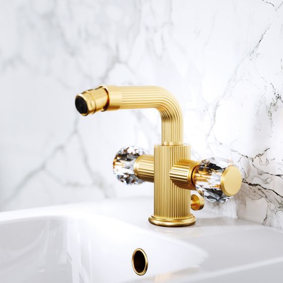 Jörger Design, Cronos Crystal, gold matt, crystal handles, bidet, clear crystals, bathroom faucets, bathroom, w.c. area